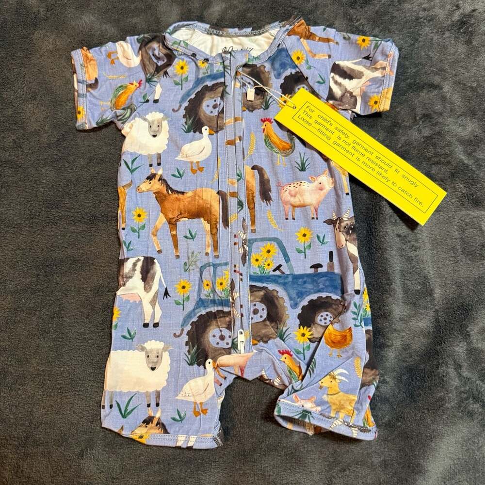 WeiWei Farm Animals Shortie Romper Size 0-3M Blue Bamboo Zippy